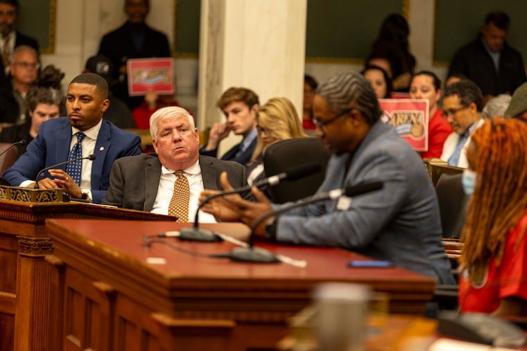 Councilmember Michael Driscoll listens as community members testify about the proposed Sixers arena during a hearing.