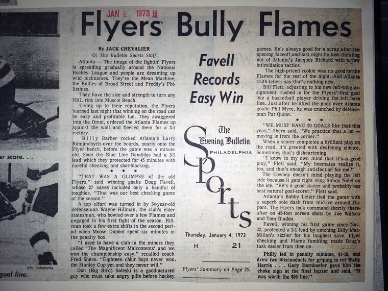 The original Jack Chevalier story in the Philadelphia Evening Bulletin from Jan. 4, 1973, the first reference to "Bullies of Broad Street." The nickname later shortened to "Broad Street Bullies," the Flyers' most famous moniker.