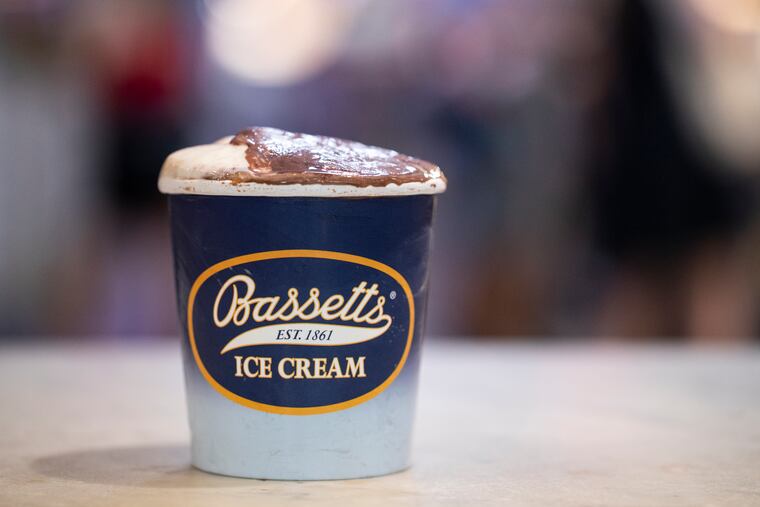 A pint with peanut butter swirl and chocolate fudge brownie at Bassetts Ice Cream in the Reading Terminal Market in Philadelphia, Pa. on Thursday, June 1, 2023. 