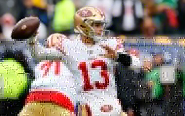 San Francisco 49ers quarterback Brock Purdy throws the football against the Eagles during the NFC Championship game.