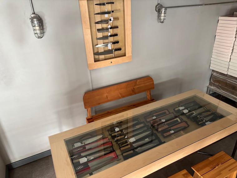 Japanese knife display at Wood Street Pizza.