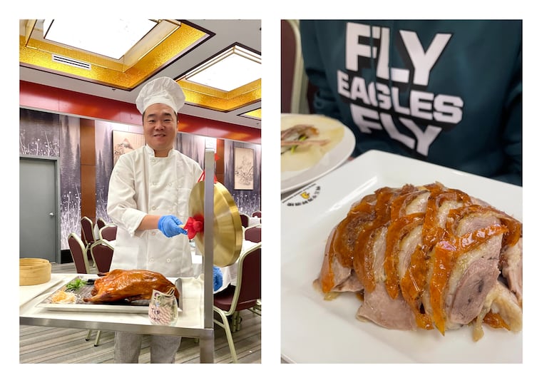 Chef Wang Zheng rings a gong before carving a Peking duck in the dining room at Beijing Duck Seafood Restaurant in Chinatown.