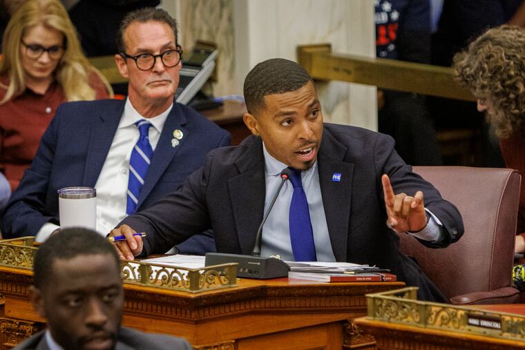 City Councilmember Nicolas O’Rourke speaks during a Sixers arena hearing in November.