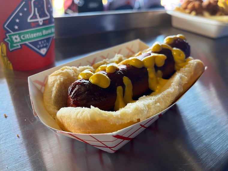 A Hatfield Phillies jumbo frank from the Hatfield Grill concession stand at Citizens Bank Park.