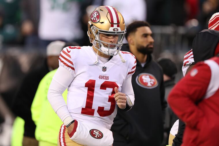 San Francisco 49ers quarterback Brock Purdy jogs off the field at halftime of the NFC championship game against the Eagles on Jan. 29. Will Purdy get a chance to compete for an entire game against the Eagles this time? 