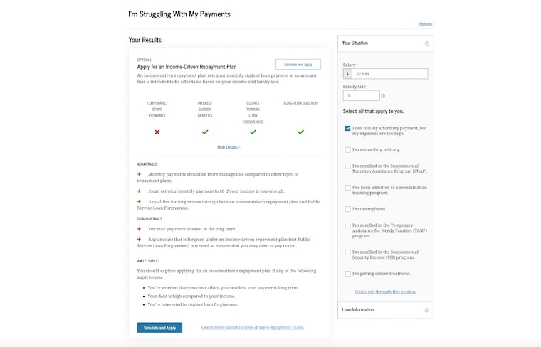 A screenshot of the Loan Simulator tool on studentaid.gov, provided by the U.S. Department of Education. This tool helps federal student loan borrowers view the loan repayment options at their disposal.