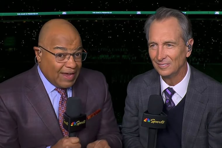 "Sunday Night Football" announcers Mike Tirico (left) and Cris Collinsworth will call Eagles-Rams on NBC.