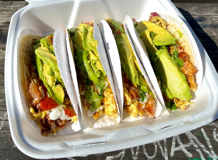 Beautiful breakfast tacos from Tacos Don Memo, which posts up outside the Clark Park farmers market from 10 a.m. to 2 p.m. on Saturdays. Find it on Penn's Campus the rest of the week (except Sunday, when it's closed).