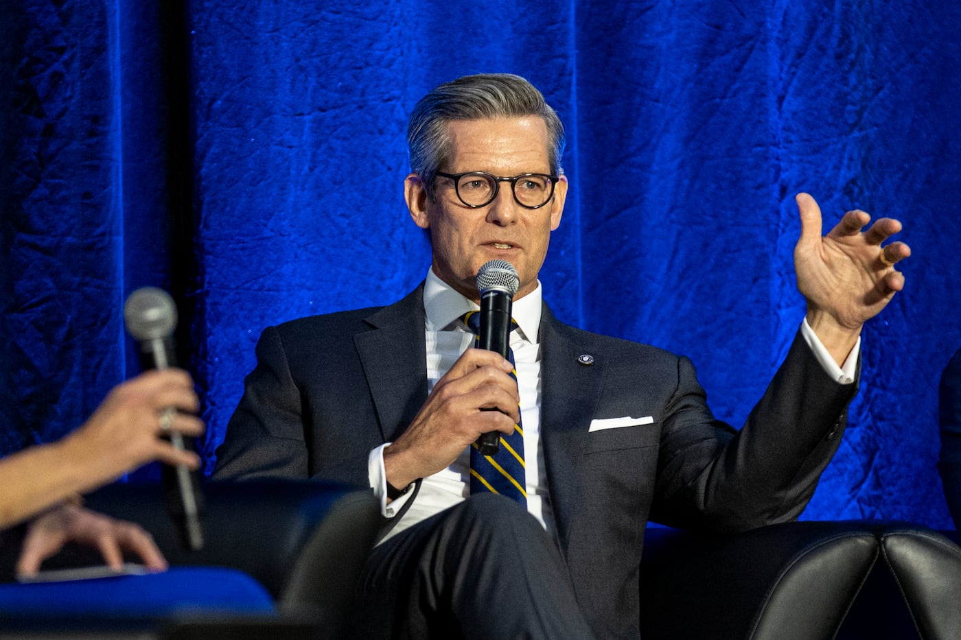 La Salle President Dan Allen talks about the name change and renovations of the Tom Gola Arena at La Salle University in September. 