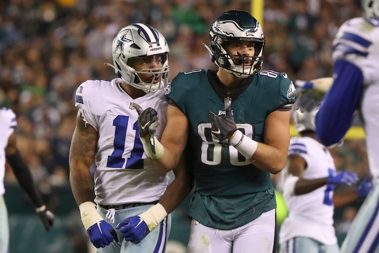 Dallas Cowboys linebacker Micah Parsons (11) is called for unsportsmanlike conduct as he says words to Philadelphia Eagles tight end Dallas Goedert (88) during a game at Lincoln Financial Field in Philadelphia, Pa. on Sunday, October 16, 2022.