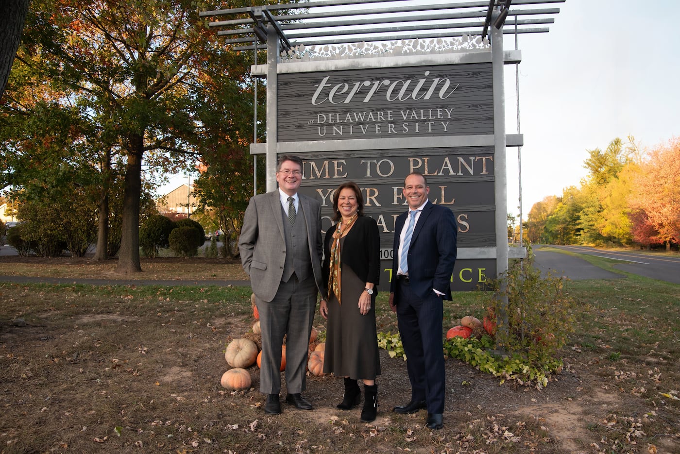 Delaware Valley University President Benjamin E. Rusiloski, (left) Joy R. Levy, treasurer of the Board of Trustees (center), and trustees chair Andrew G. Dougherty (right) participate in a donor event at Terrain at Delaware Valley University.