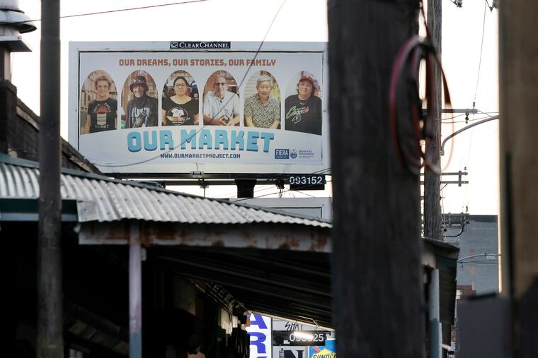 A billboard on Washington Avenue advertising the Our Market  project on Sunday, June 16, 2024. Local artist Michelle Angela Ortiz is collecting stories of the immigrant/migrant vendors, business owners, and neighbors who work and reside in the Ninth Street Market for a public art project titled Our Market.